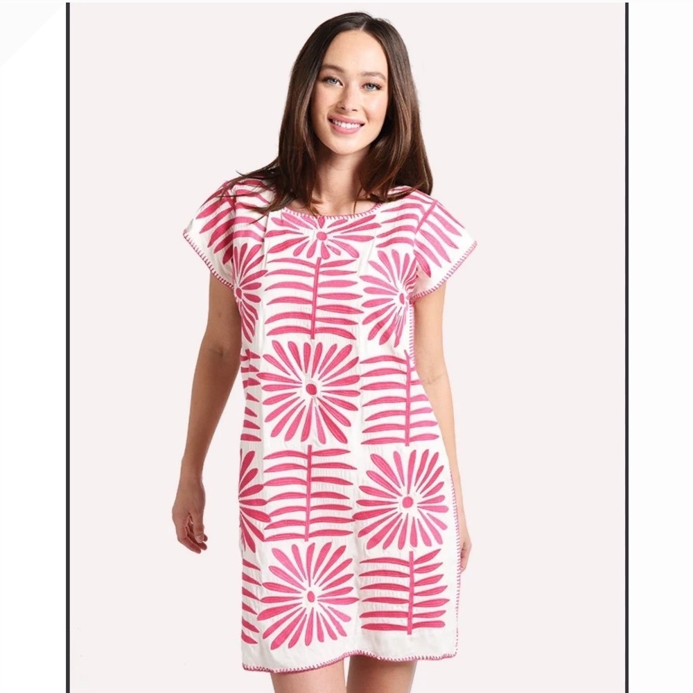 J. Marie Ava Dress Pink White Embroidered Floral Mini Shift Rayon M